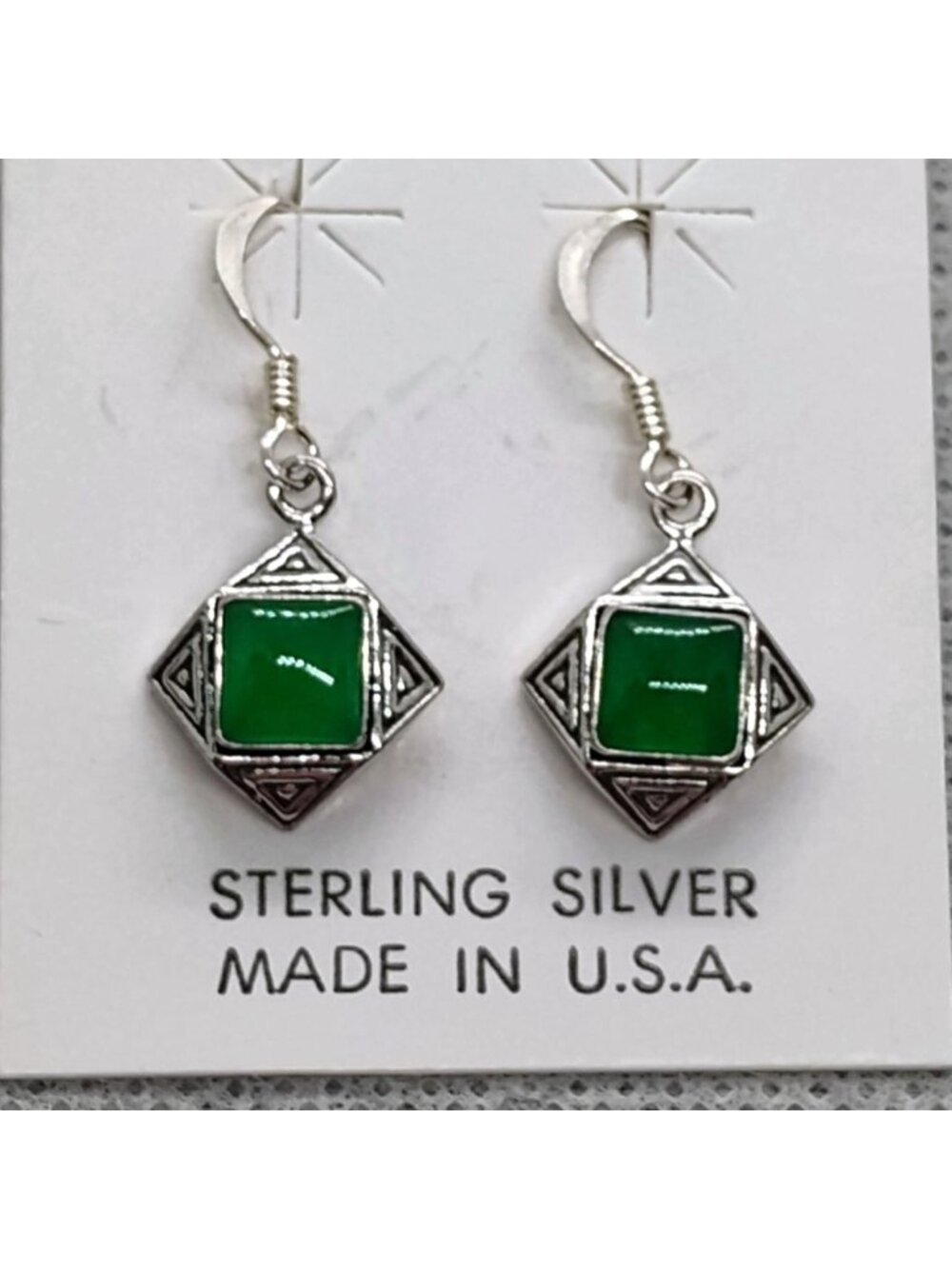 Green Onyx 925 Sterling Silver Dangle Earrings Made in USA New on Card - Picture 1 of 4